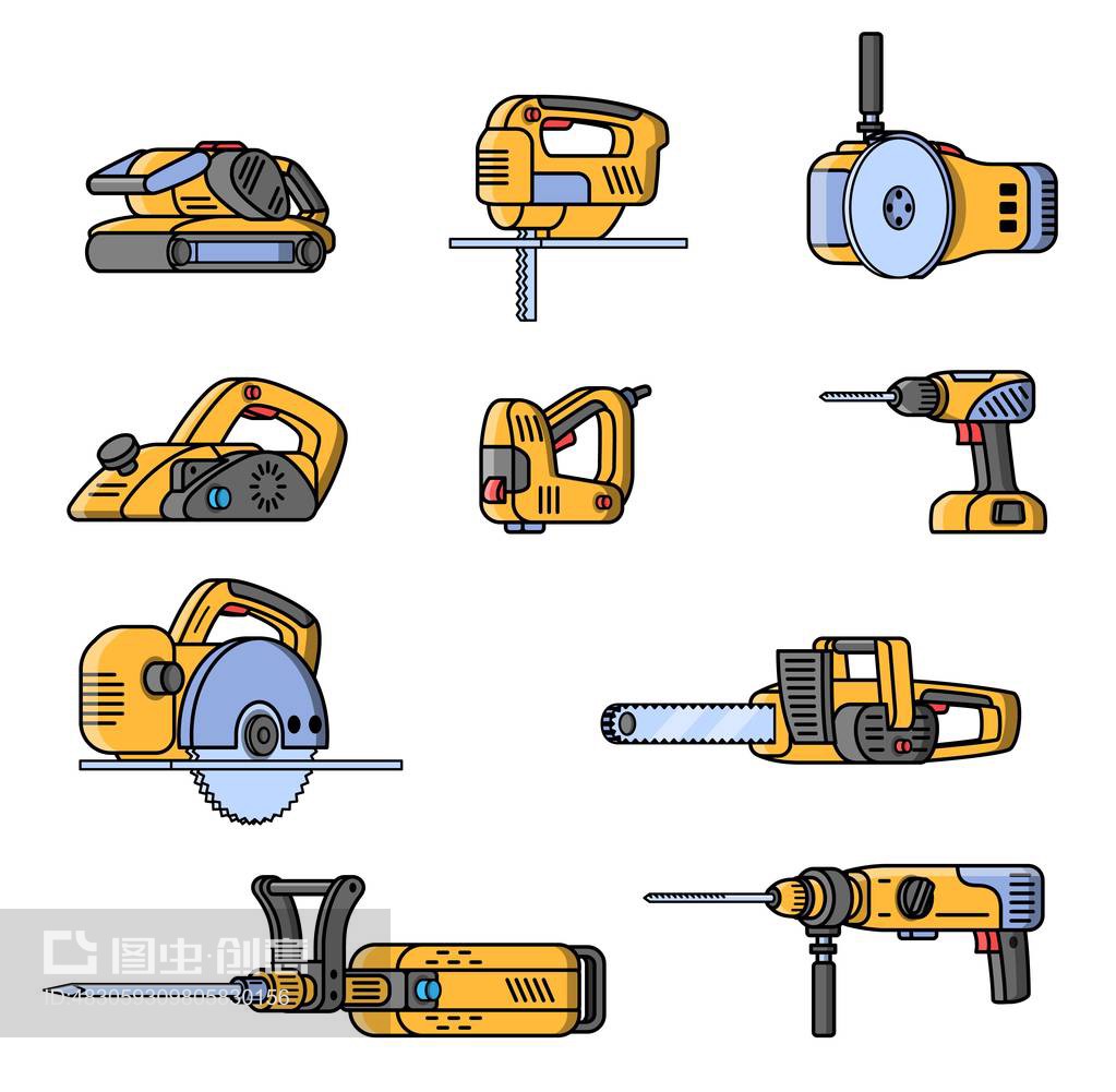 一套电动施工工具。平面风格专业施工工具。Set of electric construction tools. Flat style professional builder tool.